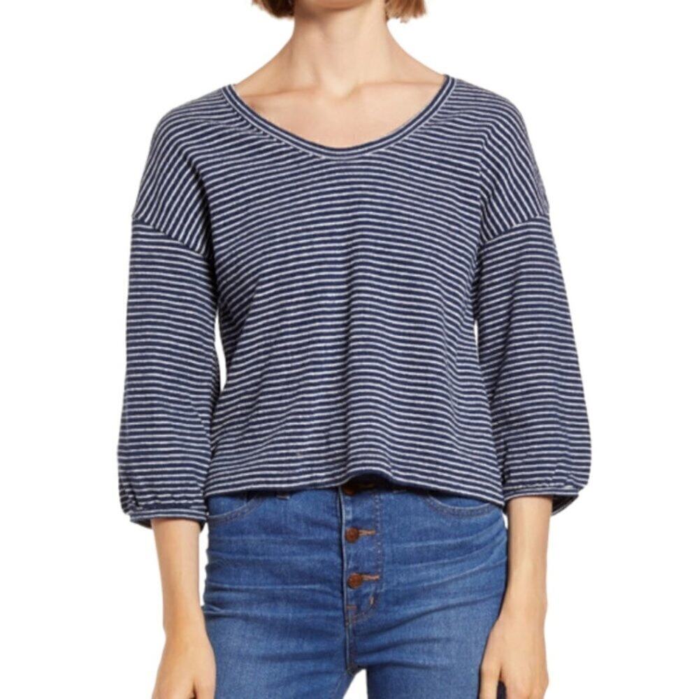 Madewell Blue White Cotton Wild Ginger V-Neck Bubble Sleeve Sweatshirt Size L